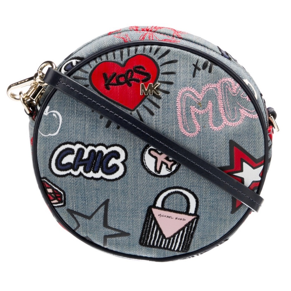 Michael Kors Embroidered Washed Denim Medium Canteen Crossbody Graphic Print